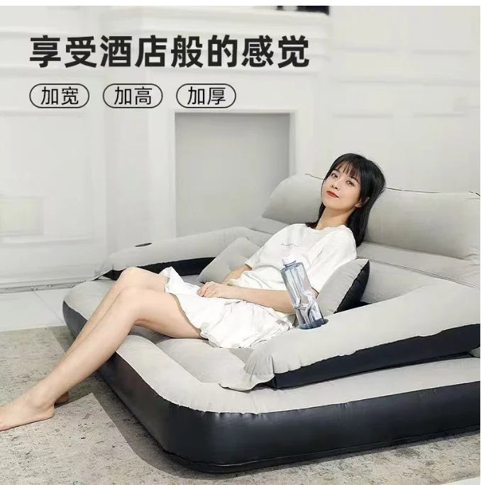 Inflatable mattress sofa bed with headboard and pillows, versatile ergonomic design for outdoor overnight guests