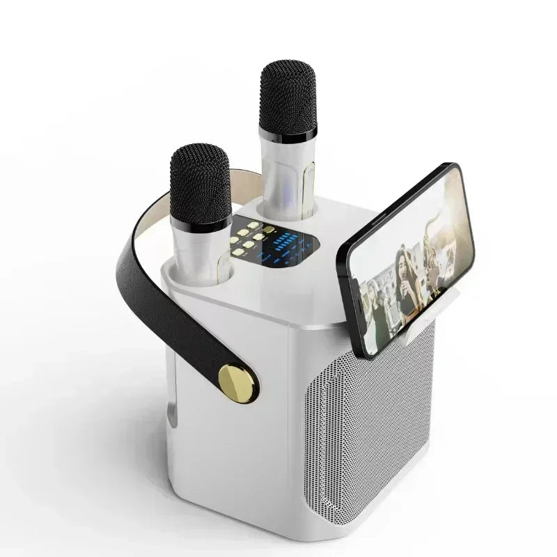 High Power Karaoke Bluetooth Speaker Portable 360 Stereo Surround Wireless Subwoofer with 2 Microphone Boombox Child Home Gift