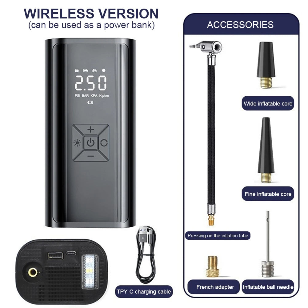 120W Handheld Air Compressor Wireless/Wired Without any battery Inflatable Pump Portable Air Pump Tire Inflator Digital for Car
