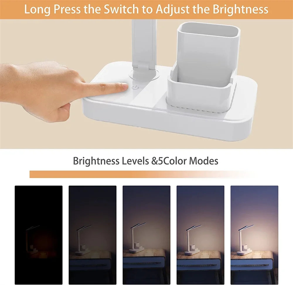 LED Desk Lamp USB Dimmable Touch Foldable Table Lamp with Calendar Temperature Clock Night Light for Study Reading Lamp