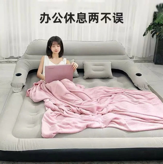Inflatable mattress sofa bed with headboard and pillows, versatile ergonomic design for outdoor overnight guests