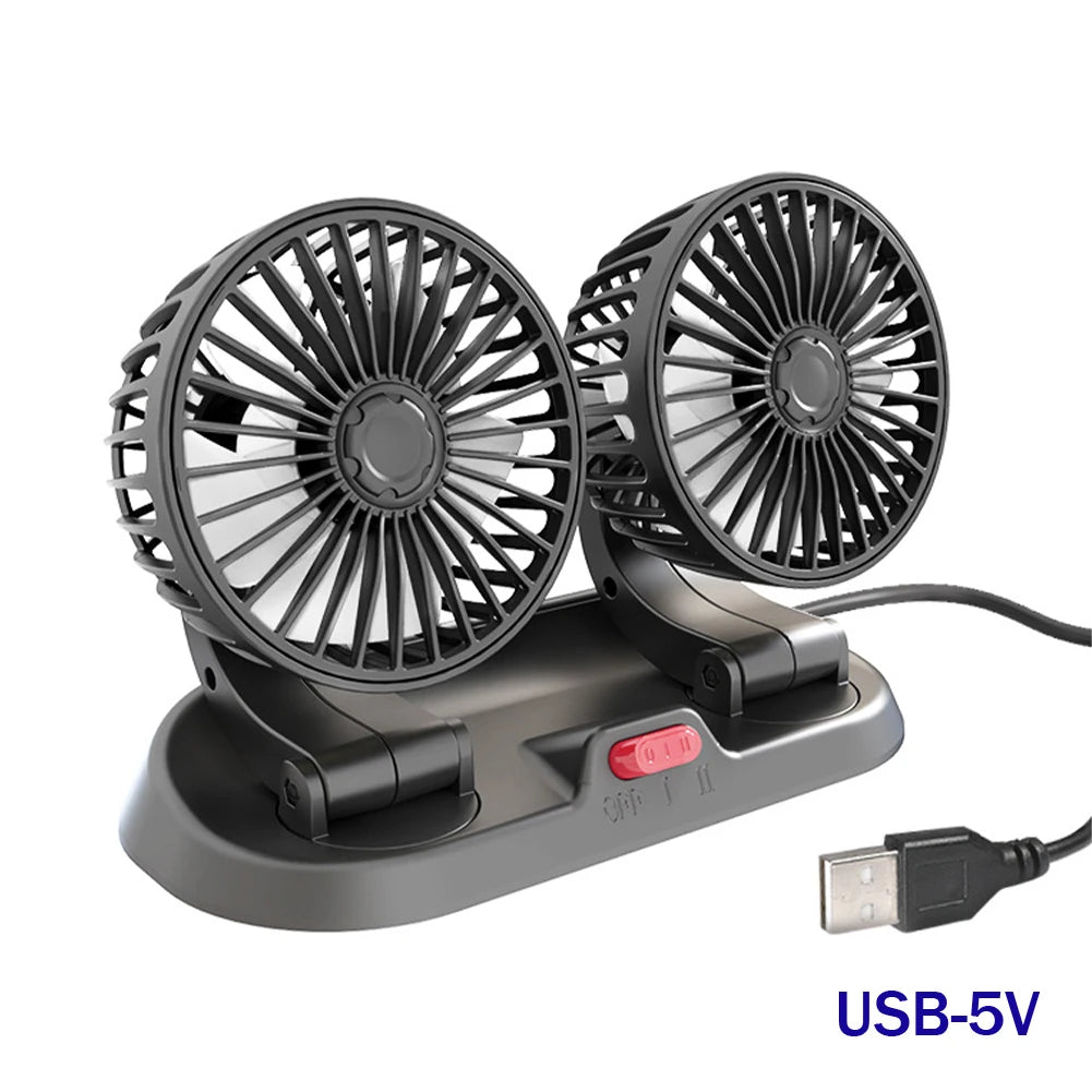 Dual-Head Car Fan 5V Cooling Car Fan 12V Cigarette Lighter 360° Rotatable Mini Ventilador Low Noise Universal Fan