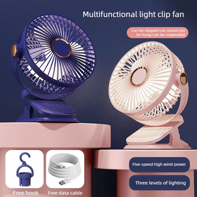 Portable Clip-on Fan 4-in-1 Quiet DC Brushless Motor Mini Desk Fan With 3Level Night Light 720° Rotation For Home Office Camping