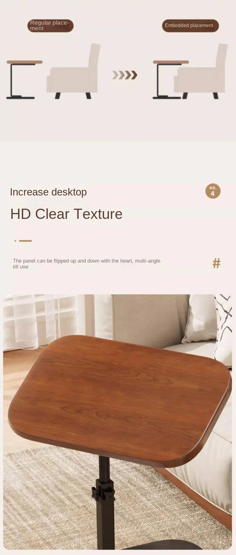 Modern Adjustable Height Sofa Side Table Multifunctional Woody Rotating Foldable Desktop for Living Room Bedroom Home Office