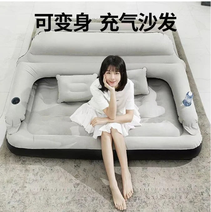 Inflatable mattress sofa bed with headboard and pillows, versatile ergonomic design for outdoor overnight guests