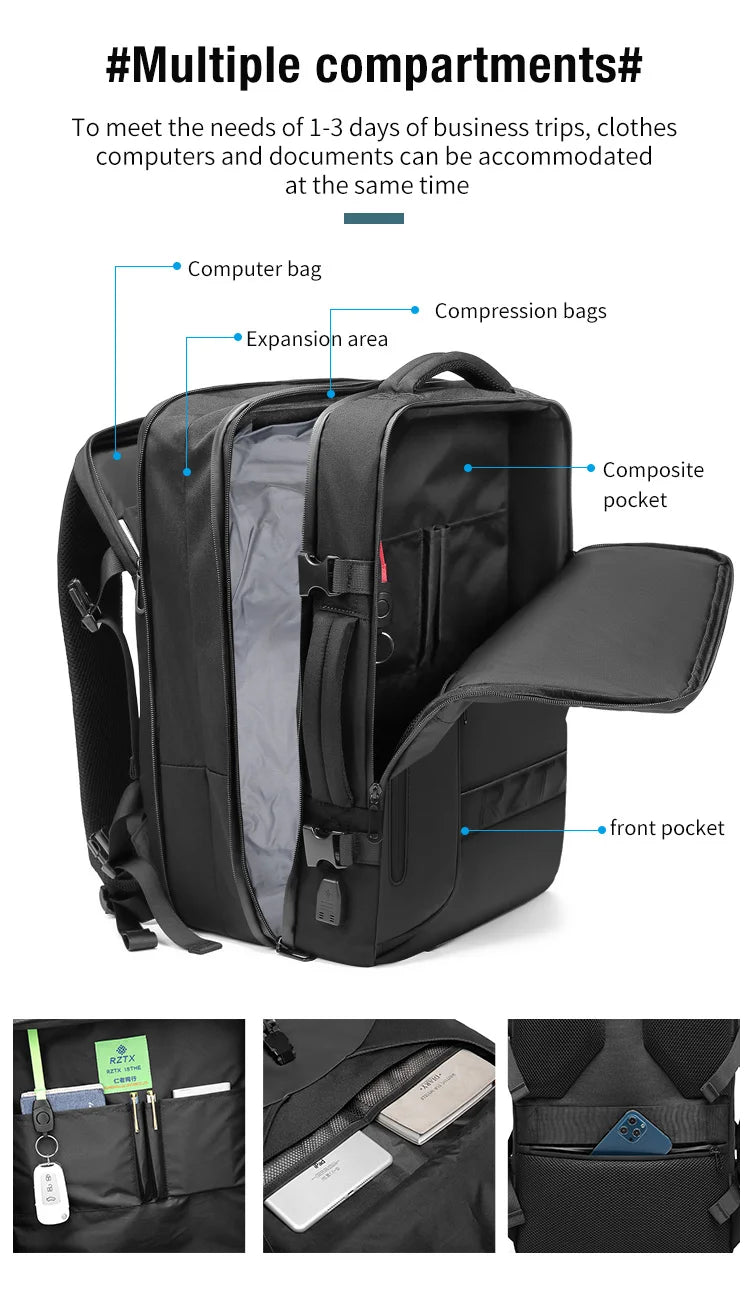 Travel Men Expanded Laptop Backpack vacuum compression hiking Backpack USB charging Business Large Capacity Backpack For Pumps
