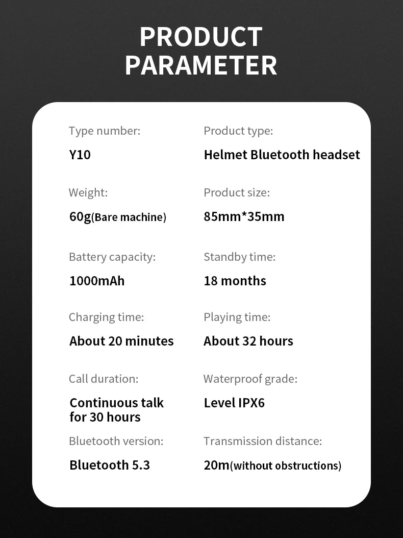 Helmet Bluetooth Earphones Y10 Waterproof Noise Reduction Motorcycle Earphones Soft Mac Helmet Earphones