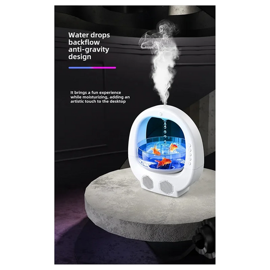 Bluetooth Speaker Humidifier Anti Gravity Water Drop with Fish Tank Colorful Lights for Home Office Desktop Decoration