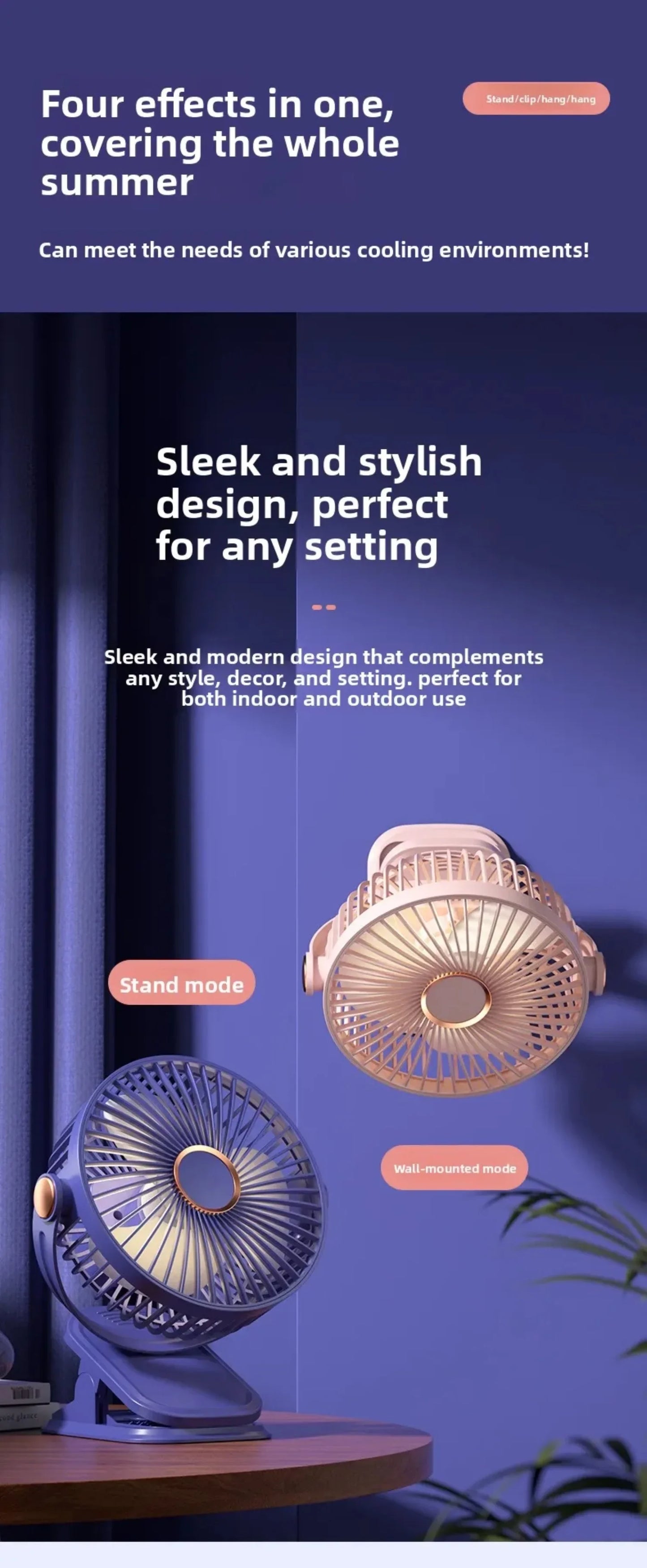 Portable Clip-on Fan 4-in-1 Quiet DC Brushless Motor Mini Desk Fan With 3Level Night Light 720° Rotation For Home Office Camping