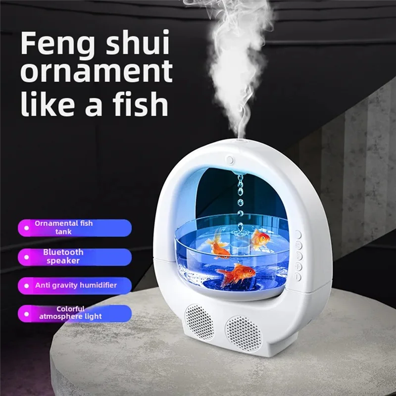 Bluetooth Speaker Humidifier Anti Gravity Water Drop with Fish Tank Colorful Lights for Home Office Desktop Decoration