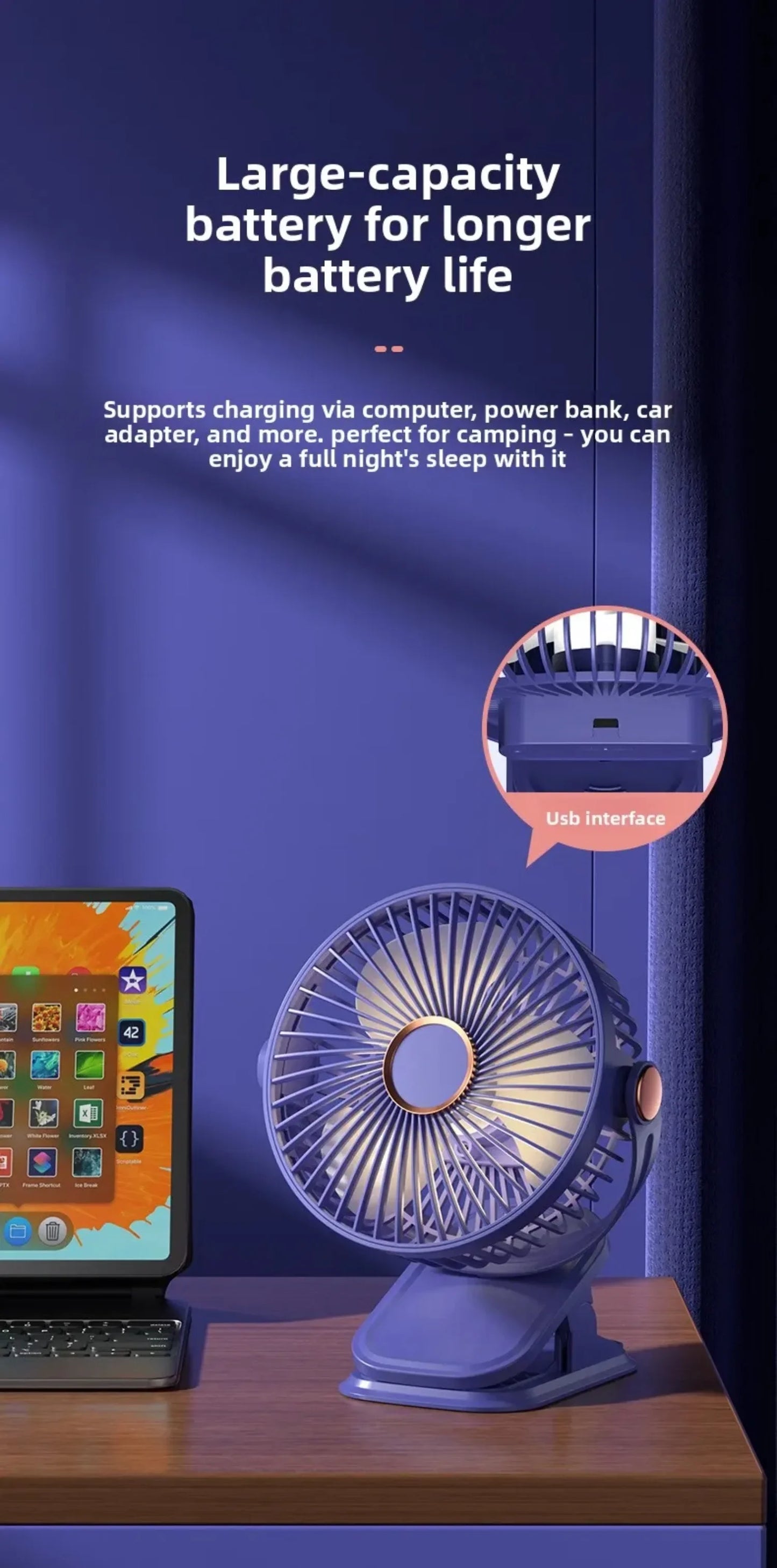 Portable Clip-on Fan 4-in-1 Quiet DC Brushless Motor Mini Desk Fan With 3Level Night Light 720° Rotation For Home Office Camping